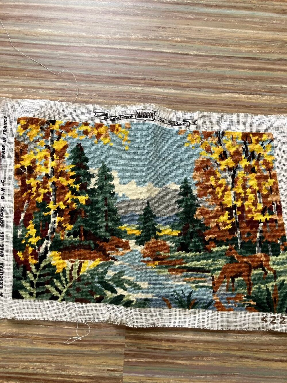 Deer in Autumn Forest Completed Needlepoint Embroidery Margot Creations de Paris